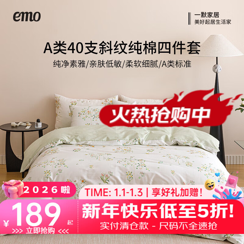 一默四件套纯棉100%四季秋冬纯棉被套床单枕套全棉疏影花清床上四件套 嫩芽绿 床单款 （被套200*230cm）