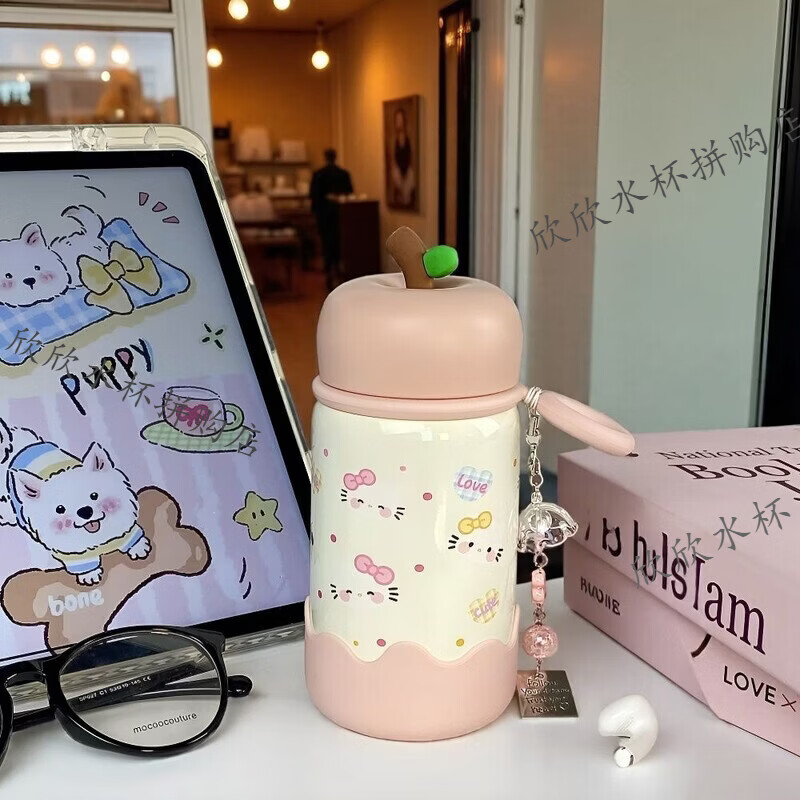 kt猫苹果保温杯 高颜值316不锈钢可爱卡通水杯女生小巧学生便携女 kt猫保温杯+【杯垫+吊坠】 300ml【彩盒包装】