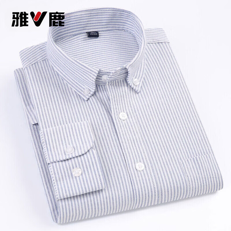 雅鹿纯棉条纹衬衫男长袖2024春秋新款商务正装牛津纺男士衬衣爸爸装 蓝条 L