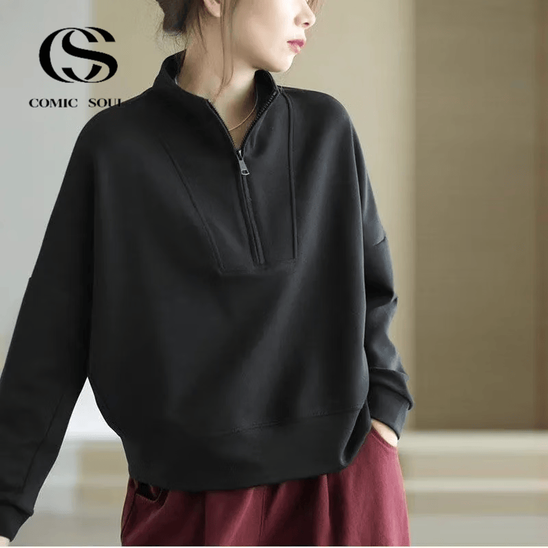 COMIC SOUL立领半拉链卫衣女士春秋款洋气外穿长袖套头休闲上衣宽松大码女装 安可拉红 拉链立领 2XL 【136-148斤】