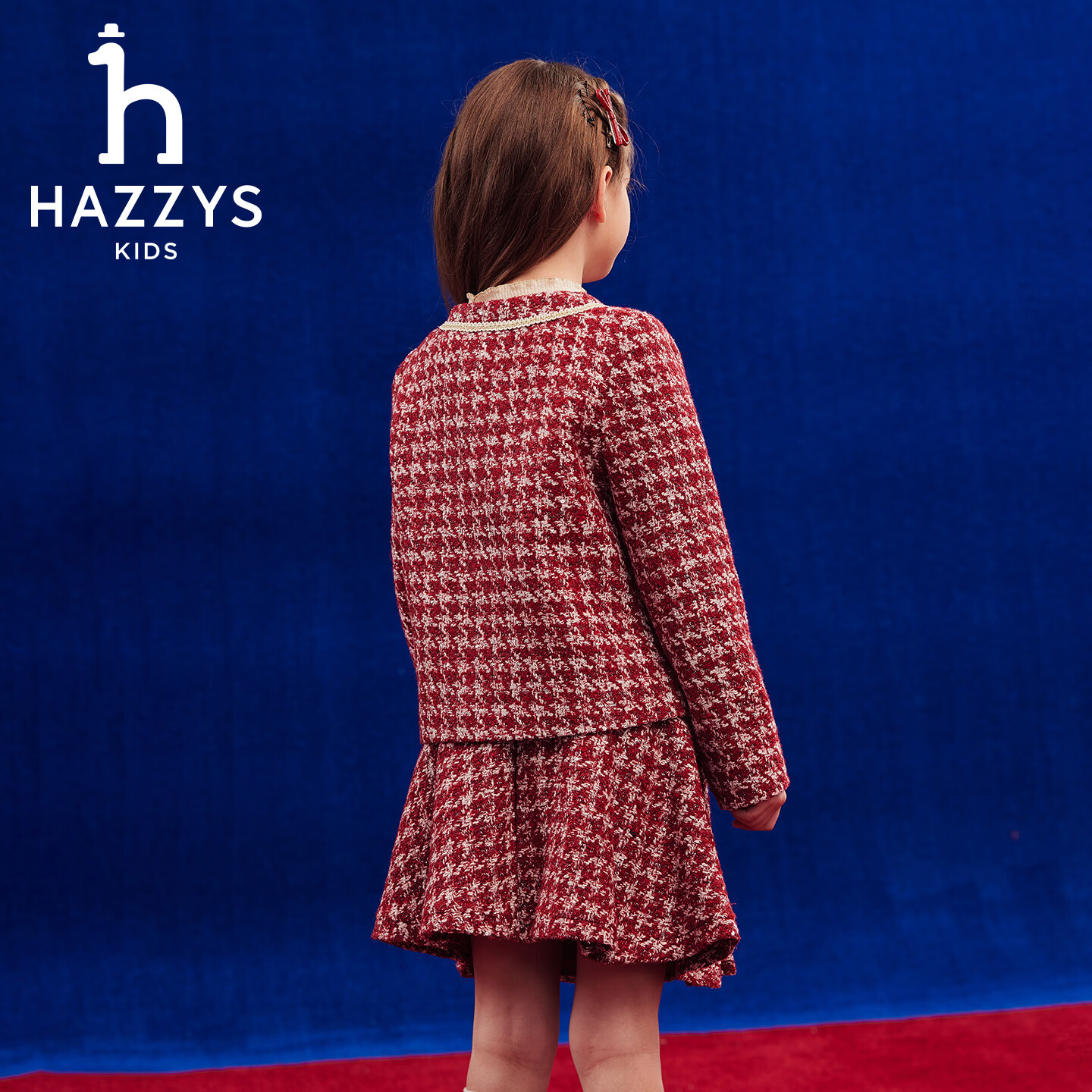 哈吉斯（HAZZYS）童装女童套裙2026春新年优雅小香风舒适套裙两件套 勃艮第酒红 145