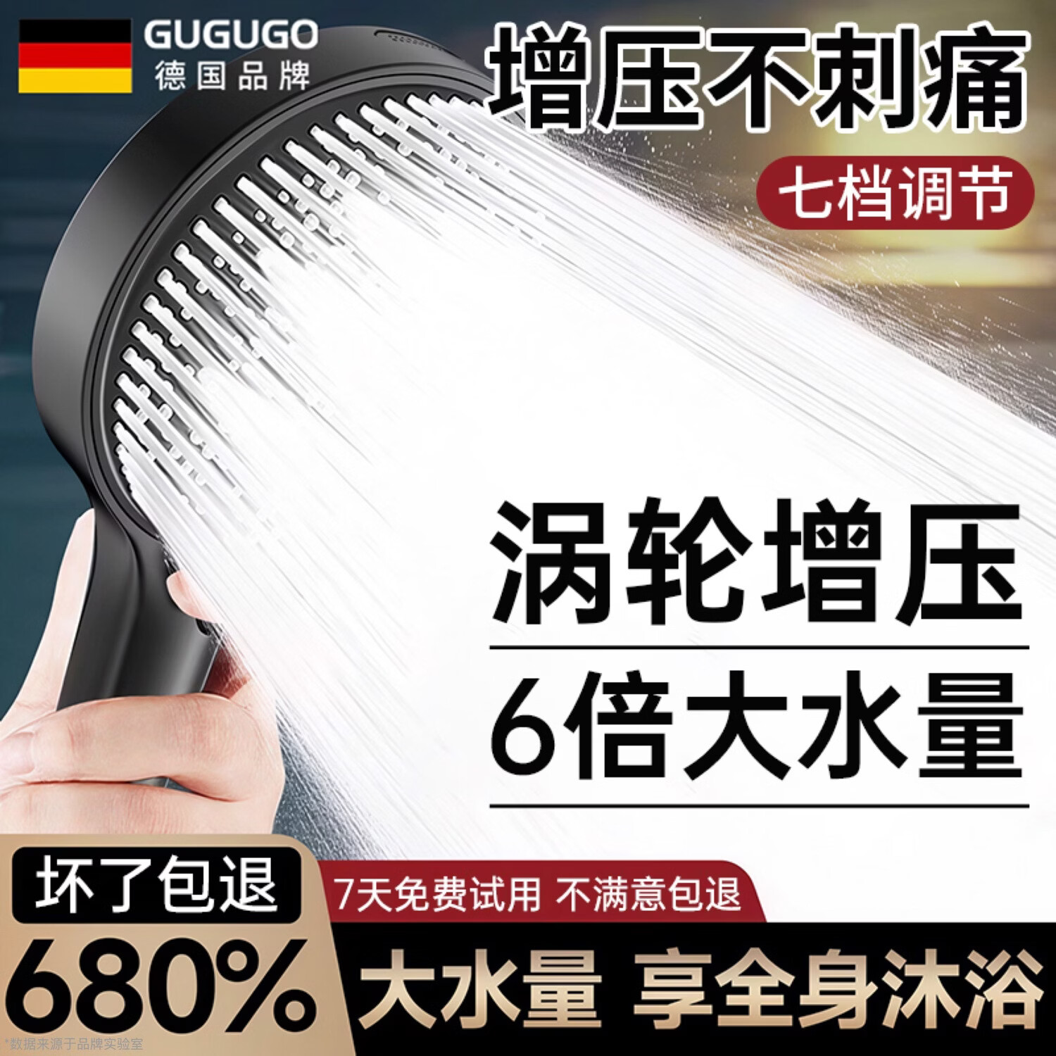 GuGuGo【德国】增压花洒淋浴喷头浴室洗澡花洒喷头卫浴淋浴头带软管一套 雅黑【七档调节】增压大出水 涡轮增压大出水丨享受淋雨般沐浴体验