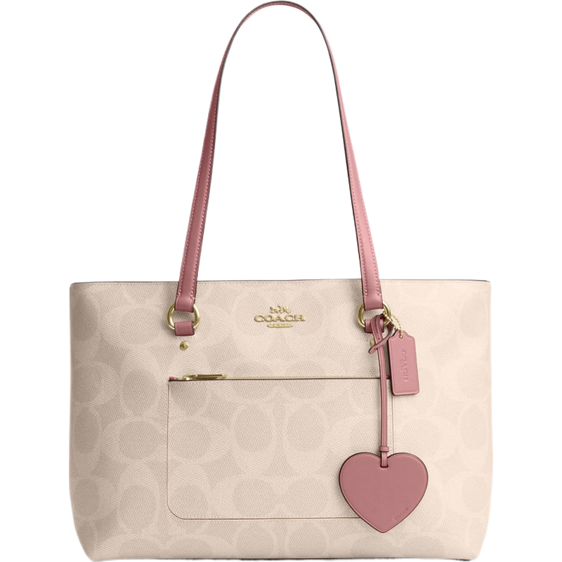 蔻驰（COACH）【礼物】新款奥莱女士女包大尺寸经典标志爱心挂件STATION托特包 沙黄色/牡丹粉色