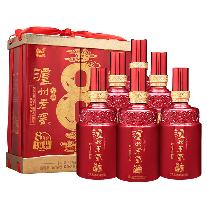 泸州老窖 8年窖头曲52度 品藏 浓香型白酒 年货 送礼礼盒500ml*2 六瓶三盒箱装