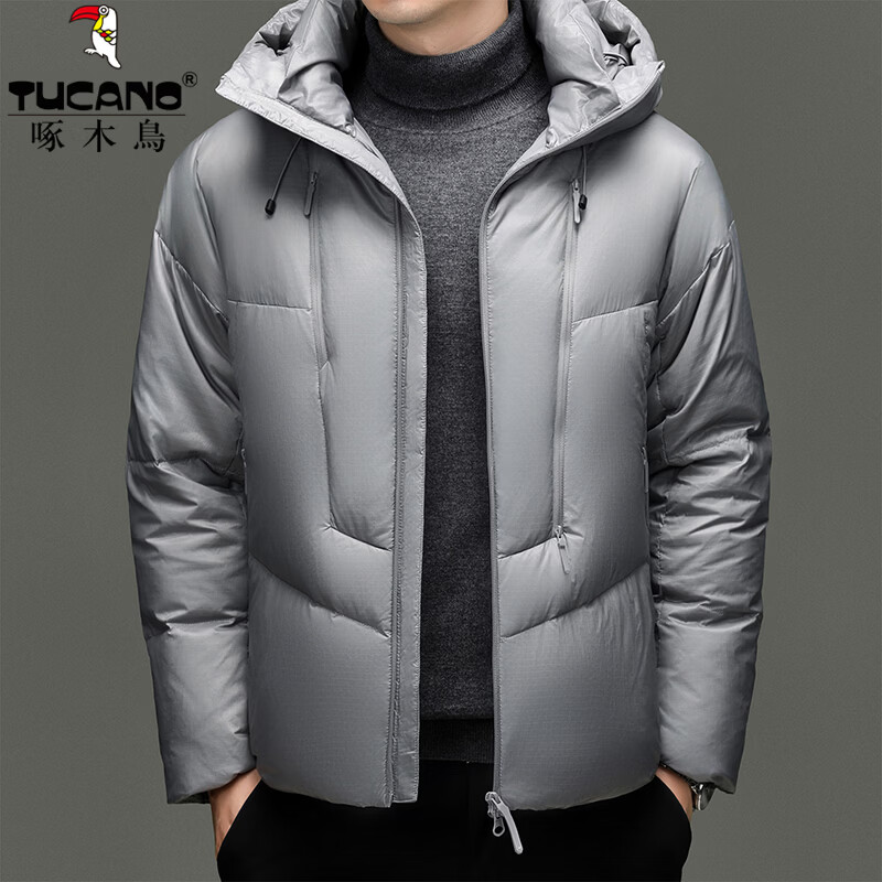 啄木鸟（TUCANO）羽绒服男短款连帽加厚保暖鸭绒外套2025冬季最新款时尚御寒面包服 灰色 L (175) 推荐135-150斤