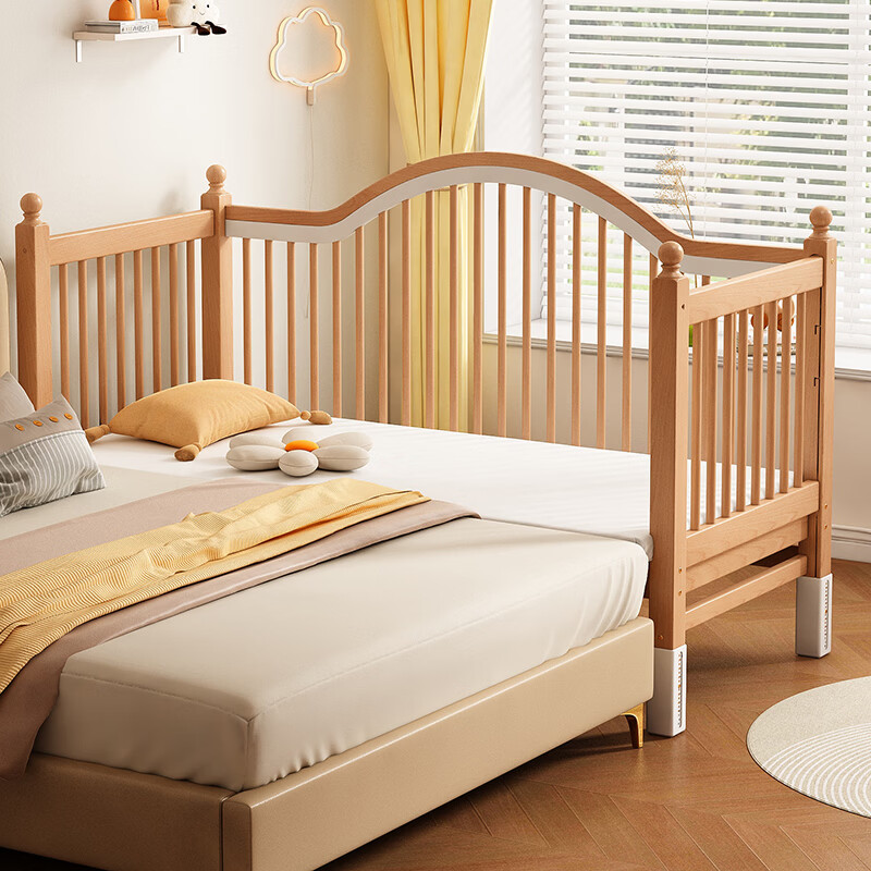 贝幸福 BAYLUCK榉木拼接床婴儿床实木儿童床加宽小孩床边床加高护栏可升降儿童床 单床(三面护栏)+10cm可拆洗空气纤维垫+纯棉床围 200*100CM【侧面升降+尾部带门 全榉木】