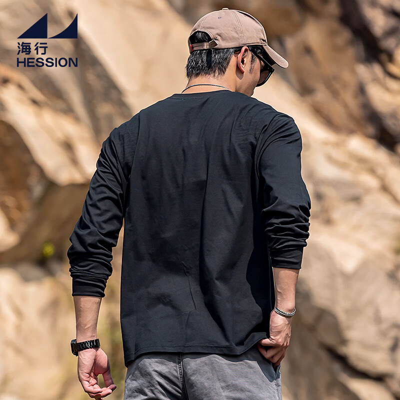 海行精梳纯棉长袖t恤男2025新款宽松透气圆领打底衫潮流百搭休闲上衣 黑色 3XL