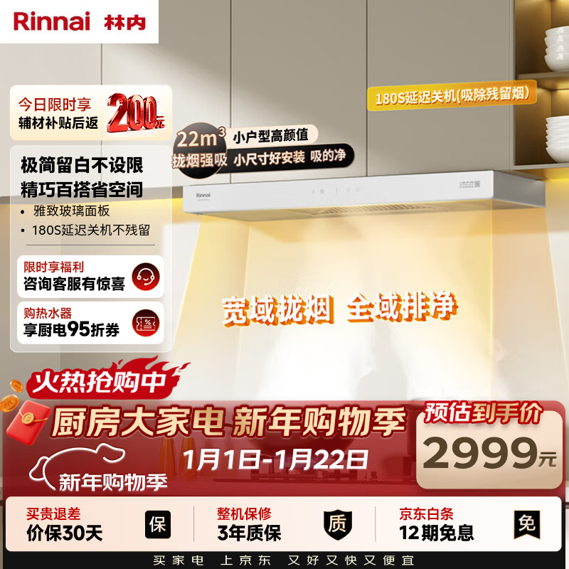 林内（Rinnai）油烟机【留白】欧式顶吸白色抽油烟机22m³大吸力小户型一级能效 NR12EA(W)