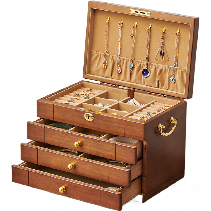 ZG首飾盒實木質覆古帶鎖飾品項煉黃金珠寶首飾收納盒精致大容量 四層實木全鎖-胡桃木色-掛鉤款(實木)