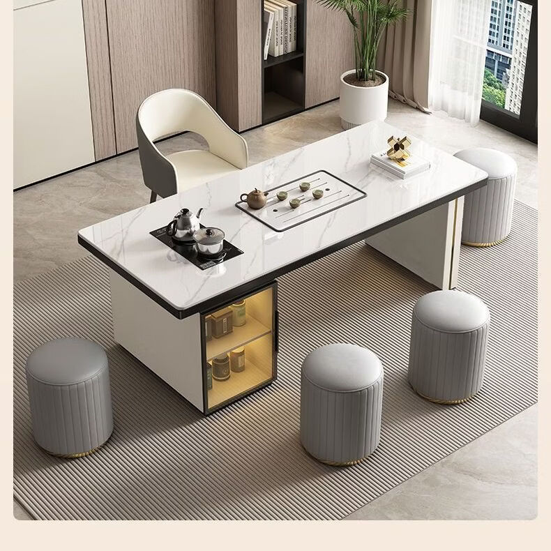 欣慕雅轻奢岩板茶桌椅组合一桌五椅现代简约办公室家用阳台小茶台一整套 茶桌+1轻奢椅+2圆凳【岩板自选】 1.2米【玻璃柜】送货安装