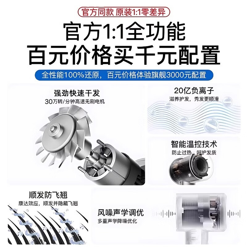 小米白【国家3C认证丨45亿负离子护发】高速无叶吹风机家用负离子静音大功率不伤发恒温速干吹风筒华强北 马卡龙无风嘴恒温护发、降噪静音