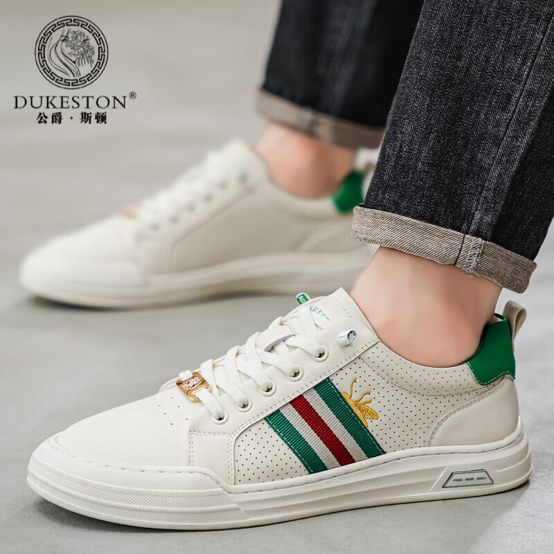 公爵斯顿 DUKESTON轻奢男鞋休闲板鞋鞋面透气孔设计简约时尚轻便百搭网面复古 米色 40 标准皮鞋尺码