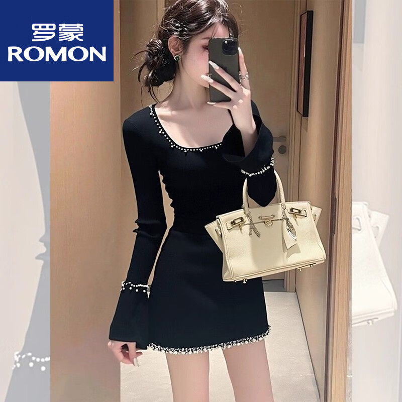 罗蒙气质钉珠黑色长袖修身针织连衣裙女2026早春千金风修身A字短裙 黑色 M 70-95斤