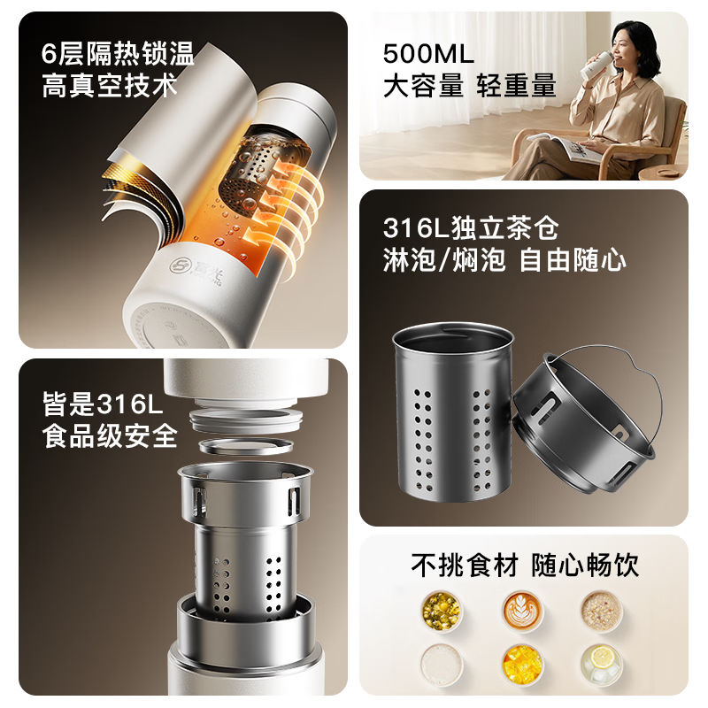 富光保温杯316L不锈钢水杯男女士商务泡茶大容量水杯子茶水分离泡茶杯 500ML 【旋盖 316L内胆】 琉光银