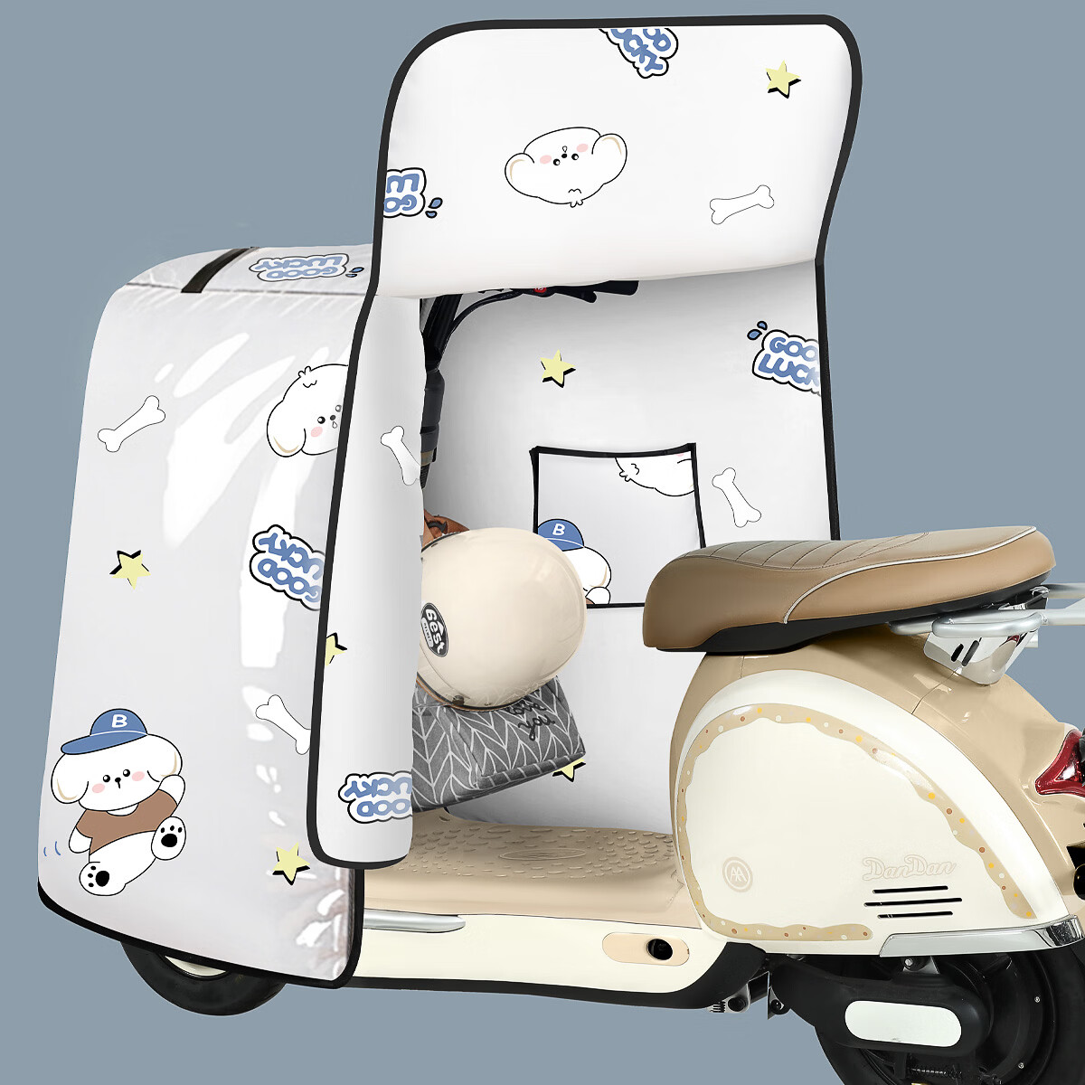 浪漫美西（langmanmeixi）电动车挡风被冬季加厚覆膜防水电瓶摩托车防风防晒罩保暖四季通用 四季通用【全包覆膜+收纳扣】灰底幸运小狗