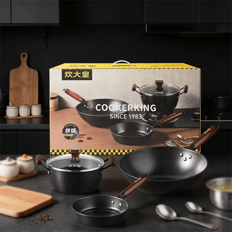 炊大皇锤纹铁锅三件套无涂层老式熟铁锅家用炒锅 燃气灶专用免开锅礼盒 锤纹老铁锅三件套（炒锅+汤锅+奶锅） 3件套