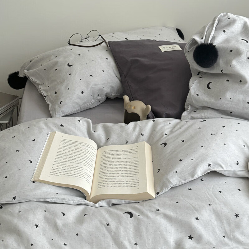 水星家纺四件套纯棉全棉亲肤棉裸睡撞色床单被套床笠款床上用品 星月银灰-混搭款 床笠款 1.8m被套加大四件套