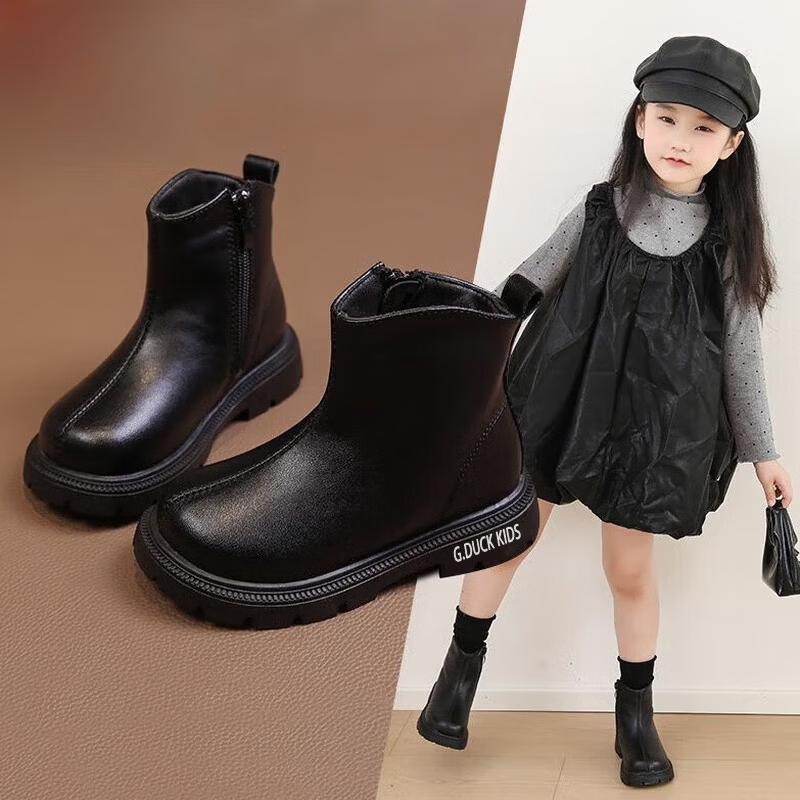 G.duck小黄鸭女童鞋子儿童马丁靴短靴子2025秋冬新款宝宝女孩公主加绒靴 黑色 加绒 28 鞋内长17.2CM