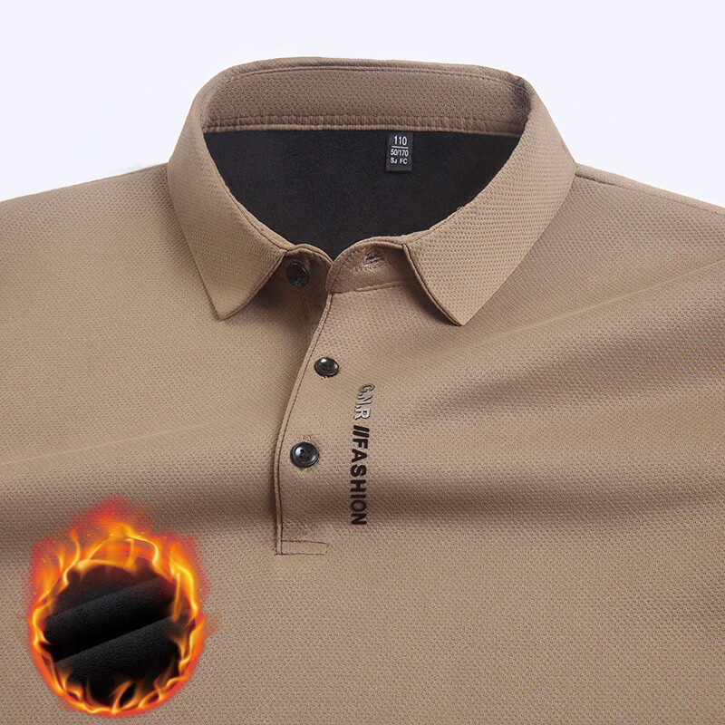 WAMLBN秋冬季男士长袖加绒中年翻领打底polo衫爸爸装 卡其 L 170/【建议115-130斤】