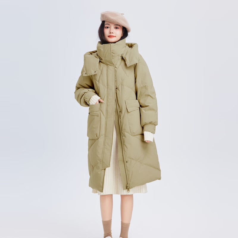 雪中飞冬新款女士中长款羽绒服百搭时尚休闲气质大口袋保暖舒适 卡其色|7101 L /165/88A
