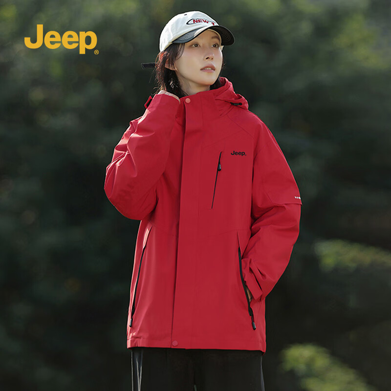 JEEP男装秋冬季新品男士户外运动三合一冲锋夹克上衣休闲连帽加绒外套 黑色 /抓绒内胆 4XL
