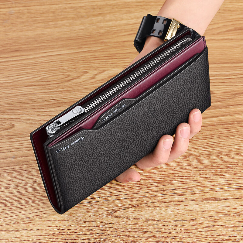 英伦保罗真皮男士钱包长款2026新款多卡位驾驶证银包卡包皮夹本命年马送礼 黑色荔枝纹+勃艮第红内阁