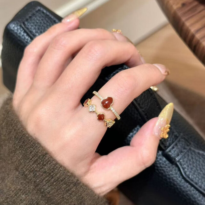 花饰庄园秋冬复古葫芦花朵戒指女小众感精致指环新中式轻奢百搭食指戒 一套