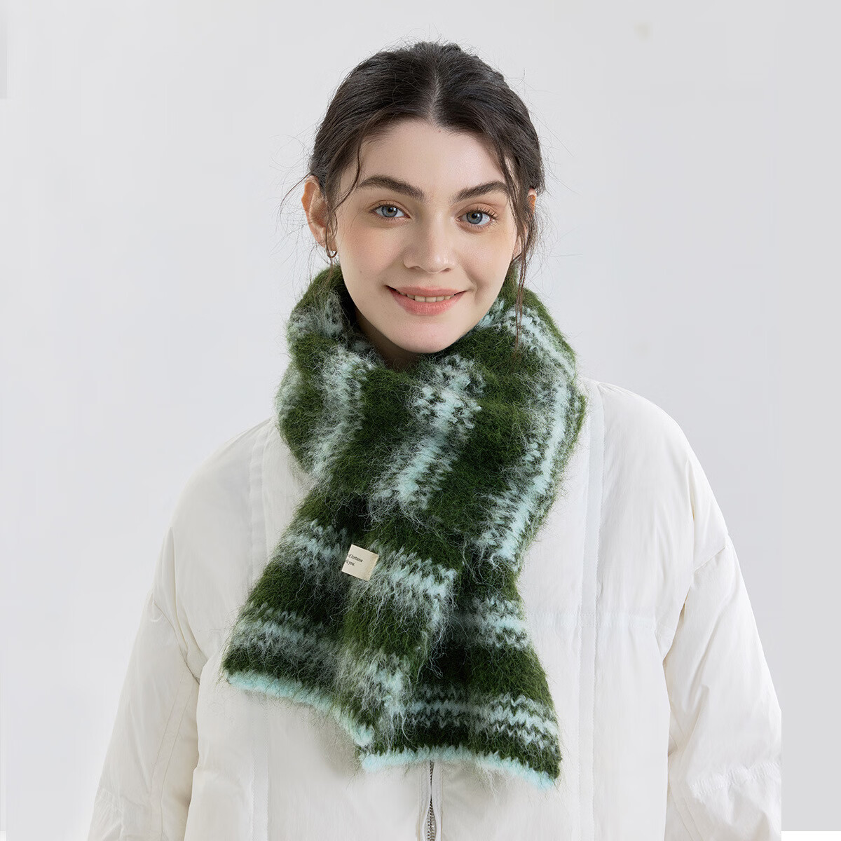 25新款韩版氛围感拼色条纹含羊毛针织围巾女冬季保暖拉绒披肩围脖 绿白条纹
