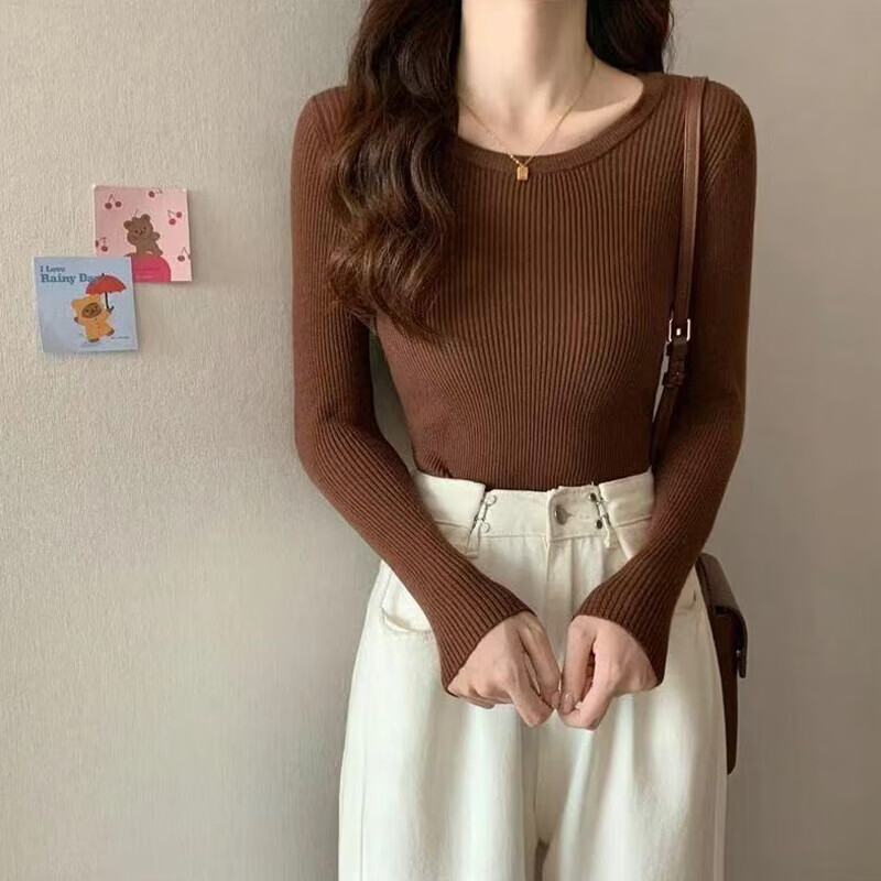 圆领打底衫女2026秋冬款通勤修身显瘦内搭套头毛衣纯色针织上衣MD 9989【咖色】秋冬配大衣内搭#修身保暖 XL 推荐【110-120斤】