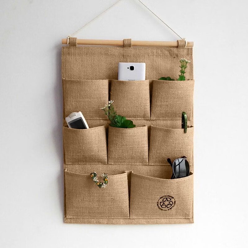 布艺多层储物袋黄麻怀旧复古收纳袋宿舍门后床头衣柜壁挂式整理袋 黄麻邮章三兜