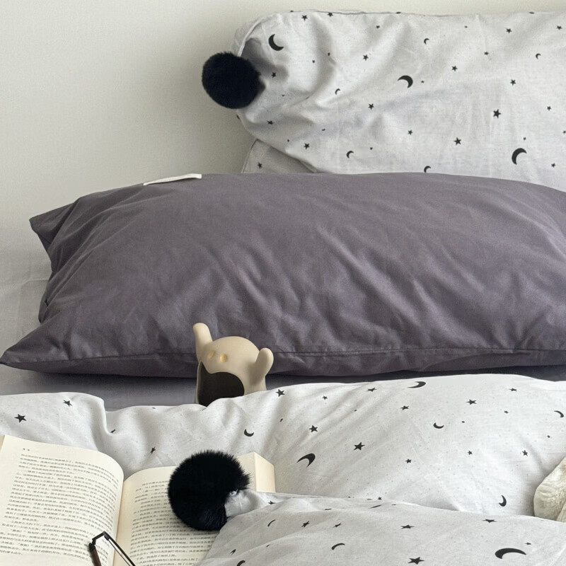 水星家纺四件套纯棉全棉亲肤棉裸睡撞色床单被套床笠款床上用品 星月银灰-混搭款 床笠款 1.8m被套加大四件套