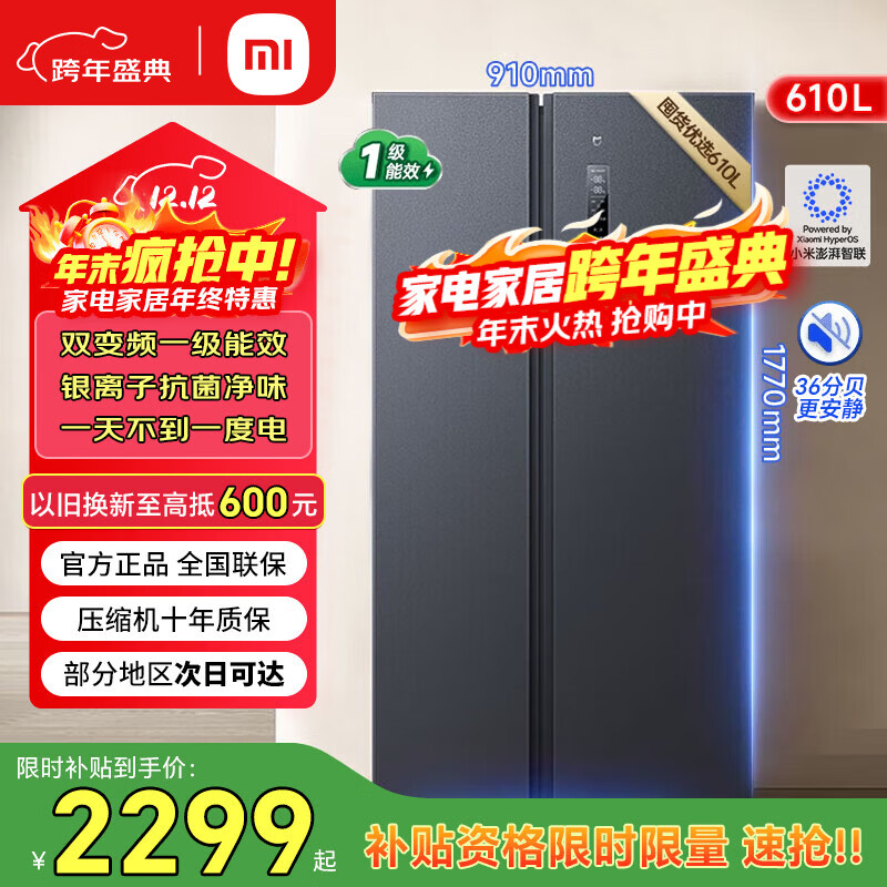 小米（MI）米家610升对开门冰箱大容量风冷无霜变频一级节能家用双开门银离子除菌冰箱  610L智能互联|910*730*1770mm