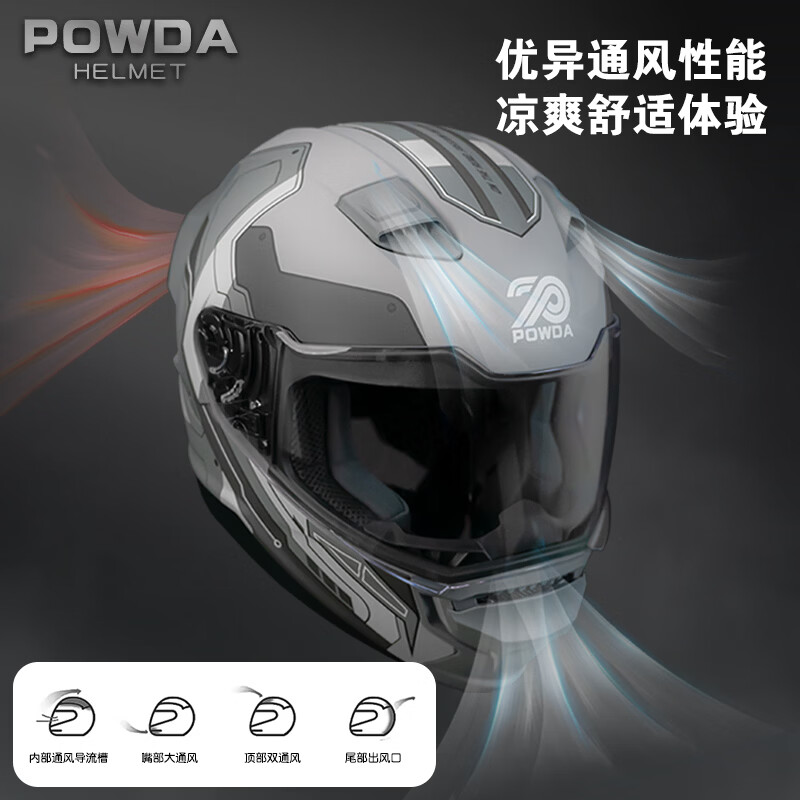POWDA摩托车头盔全盔保暖仿赛机车四季男女通用ECEDOT通勤电动车安全帽 A608机甲灰-透明镜片 M(54-55cm)
