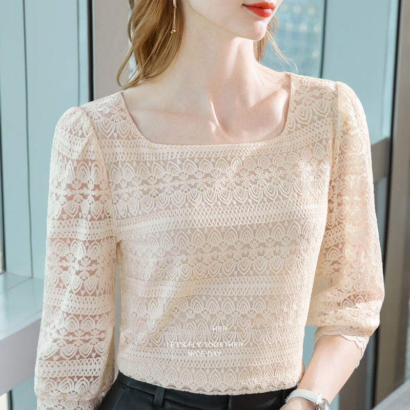 2021新款蕾丝打底衫女一字领洋气镂空小衫性感七分袖T恤内搭上衣 杏色【505】 5XL 需定制码（建议155165斤