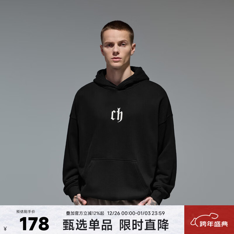 CHINISM CH赤尘时尚简约logo印花连帽卫衣男士春秋款休闲情侣帽衫上衣 黑色 （偏宽松，建议拍小一码） L