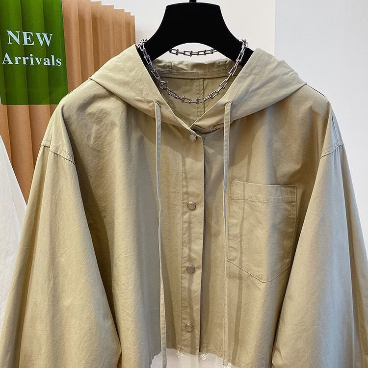 LOOK LOOK蕾丝拼接连帽衬衫女 2025秋季宽松长袖 简约上衣外套 5XL (120)