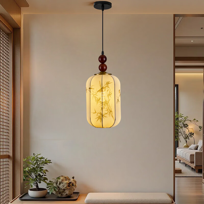 宋代美学小吊灯茶室卧室床头玄关新中式灯笼吊线灯具中山餐厅灯 竹报平安-全光谱三色变光 三珠品【长45cm】