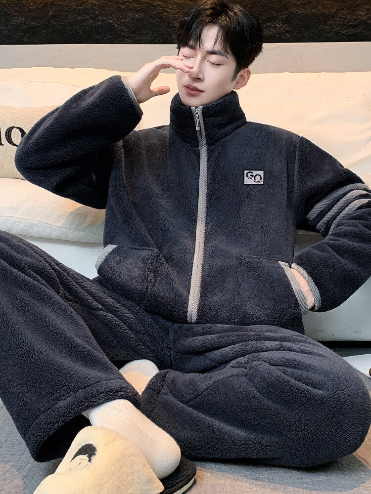 雅鹿睡衣冬季男珊瑚绒家居服男士高端加厚加绒睡衣男士冬季新款套装 NSJLY-KS47夜暮灰青果领胸口标男 2XL 男(150-170斤)