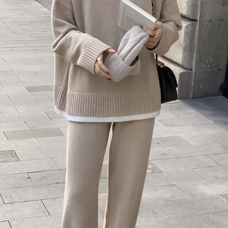 高品质秋季新款假两件毛衣阔腿裤女士两件套运动休闲时尚套装 卡其 L