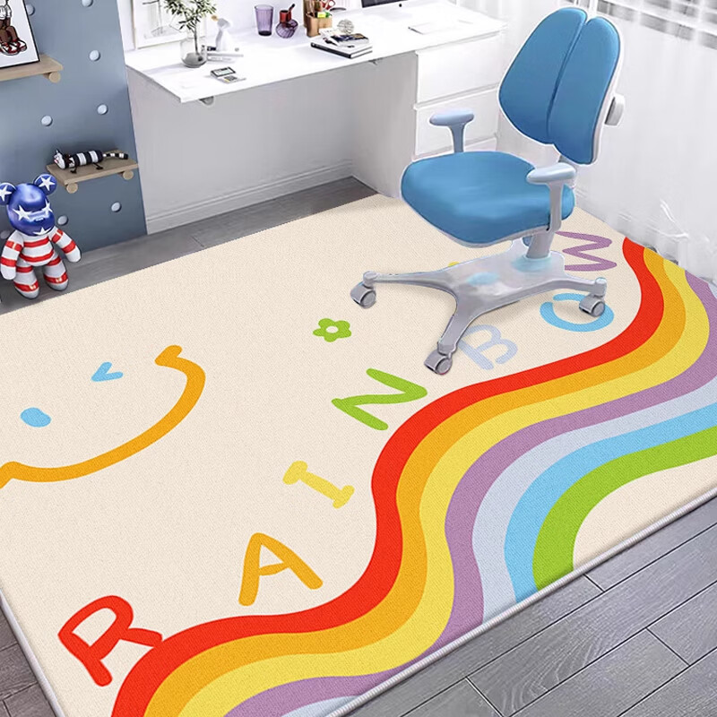 KAYE儿童房地毯客厅家用免洗可擦加厚卧室床边毯书房阅读区早教爬爬垫 SJR-Y七色彩虹条 60X160cm