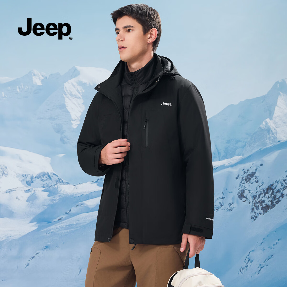 JEEP男装秋冬季新品男士户外运动三合一冲锋夹克上衣休闲连帽加绒外套 黑色 /羽绒内胆 3XL