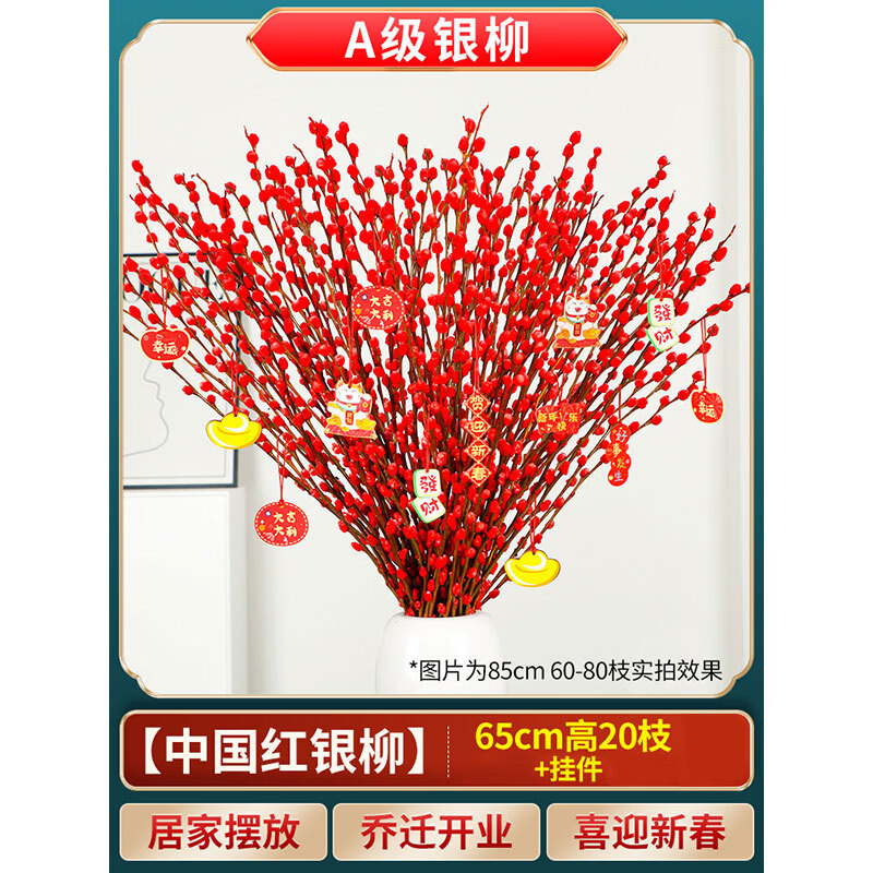 苏沥银柳真花鲜枝干花摆件室内客厅鲜花绿植新年年宵花卉植物过年春节 【精品A+级】粗枝银柳60cm高20枝+小挂件