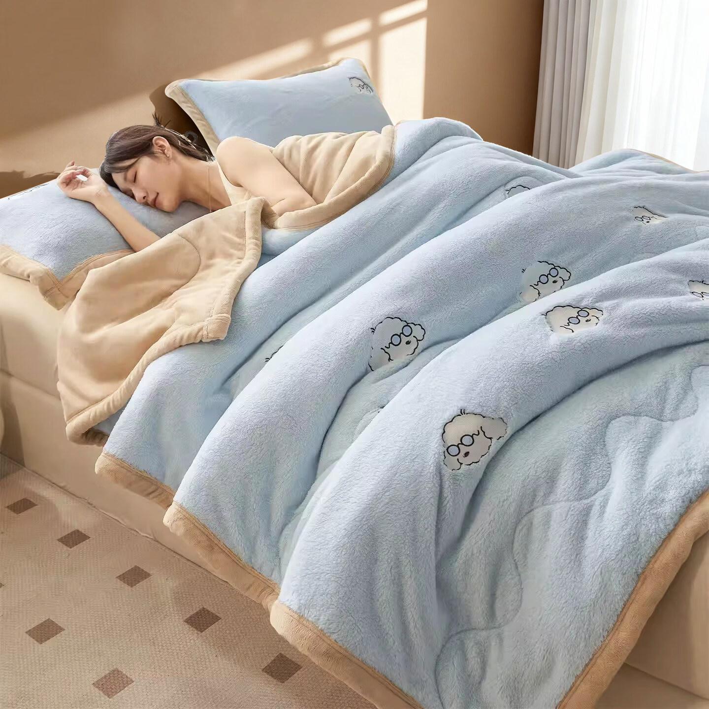 阿尔皮纳袋鼠牛奶绒毛毯冬季加厚加绒拉舍尔珊瑚绒办公室单人午睡空调小毯子被 眼镜狗-天空蓝+香槟【加厚牛奶绒毯可铺可盖】 120*200cm【儿童毯】