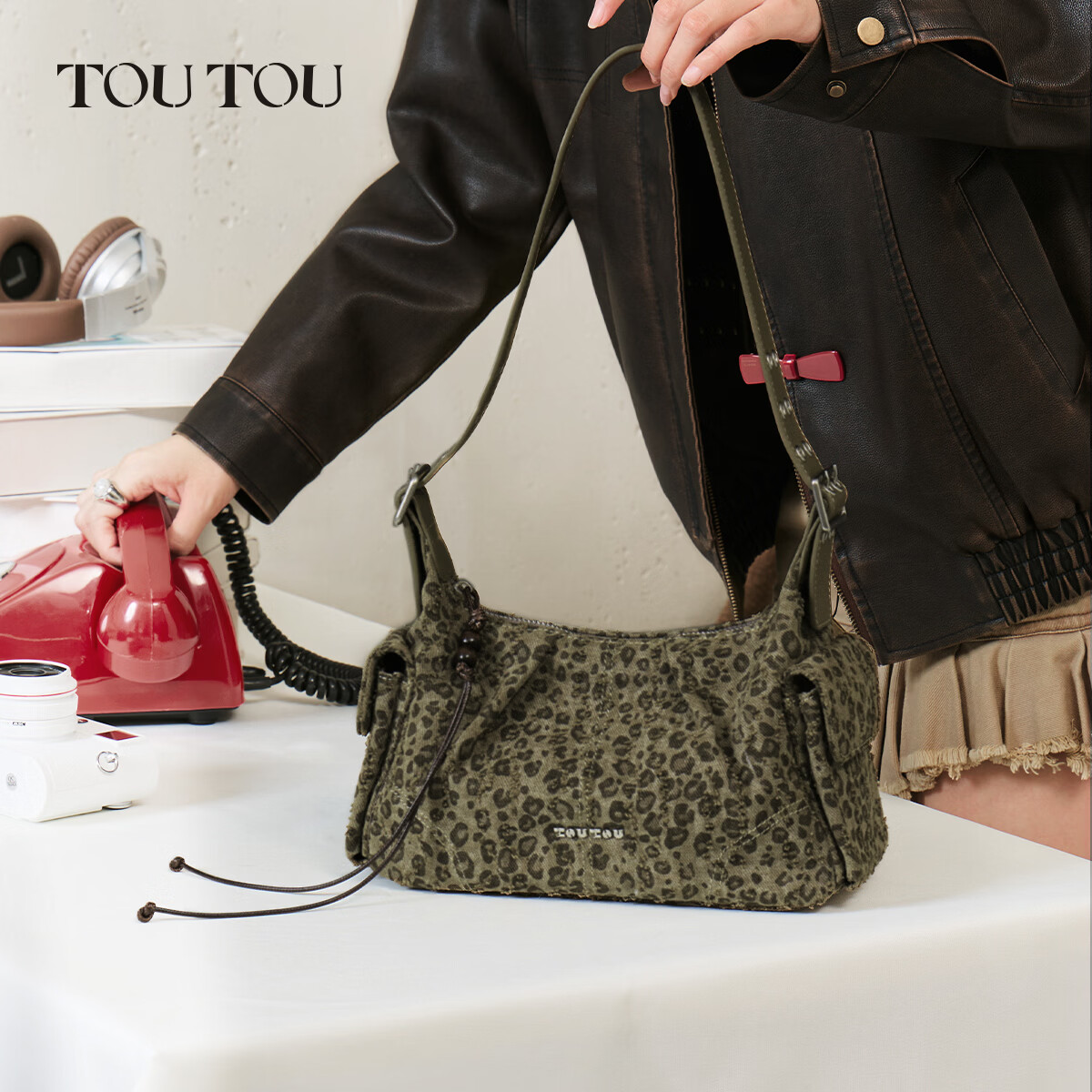 toutou豹纹腋下包多口袋单肩机车包送闺蜜送女友生日送礼 灰豆绿