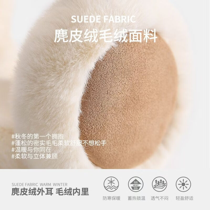 洋臣麂皮绒毛绒耳罩女冬季韩版加绒保暖耳套骑行防寒耳暖防冻耳捂子 【拼色耳罩】-卡其色*1件
