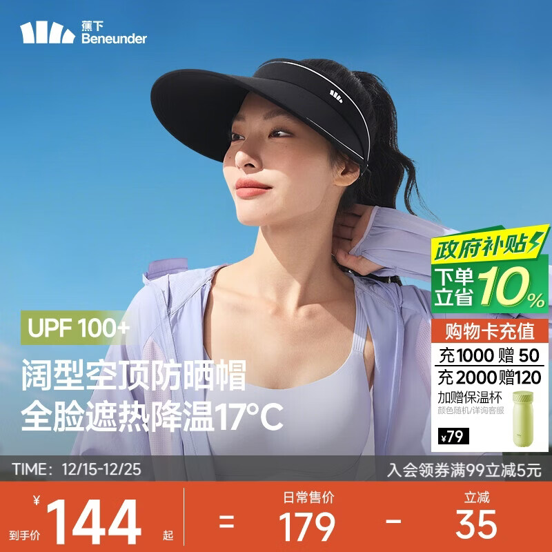 蕉下（beneunder）防晒帽子女黑胶空顶帽遮阳帽防紫外线遮脸太阳帽BM569黑