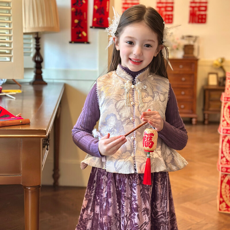 栀了成长记童装女童国风夹棉唐装马甲2025冬季儿童新中式无袖上衣 打底衫 110