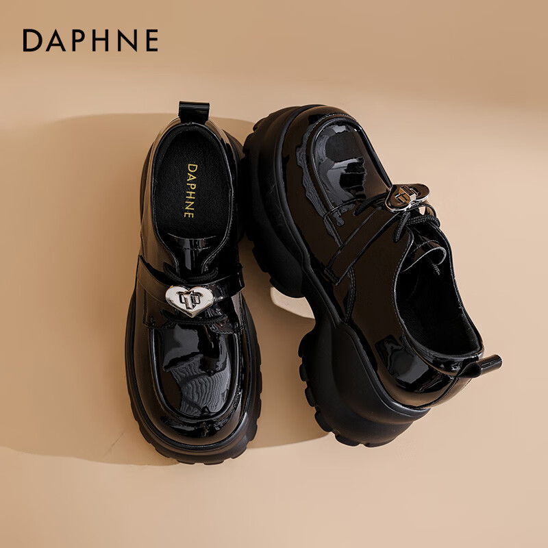 达芙妮官方厚底乐福鞋女2025新款秋季百搭增高女鞋小个子英伦风小皮鞋JD 黑色【爱心锁】跟高6cm 38