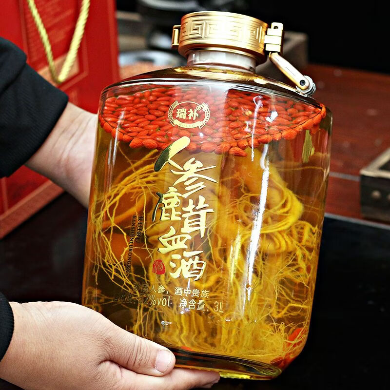 瑞补人参枸杞鹿茸血酒【6斤大坛礼盒装】 52度3000毫升人参枸杞酒包邮 52度 3000mL 1坛 六斤装人参鹿茸血酒 赠打酒提 京东折扣/优惠券