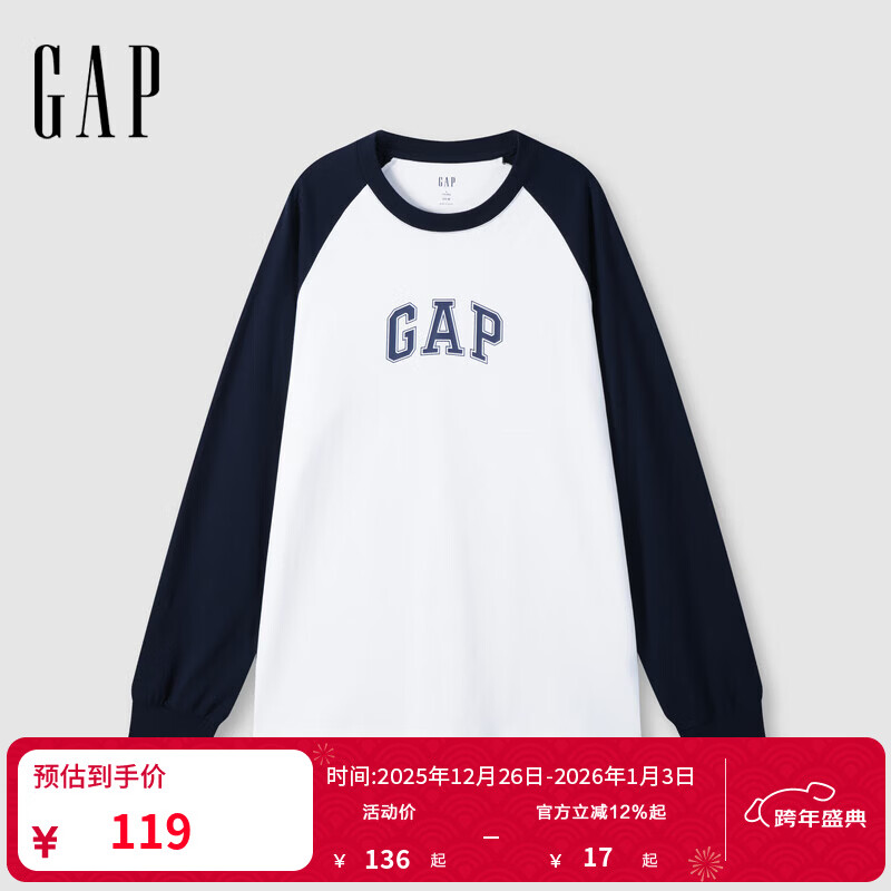 盖璞男女装2025春季新款印花logo撞色纯棉插肩袖宽松长袖T恤725630 白色 M (170/92A)亚洲尺码